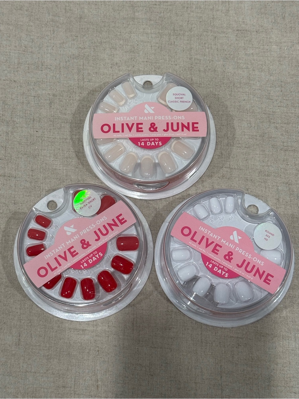 NWT New 3 Olive & June Instant Mani Press on Nails French White Red Squoval